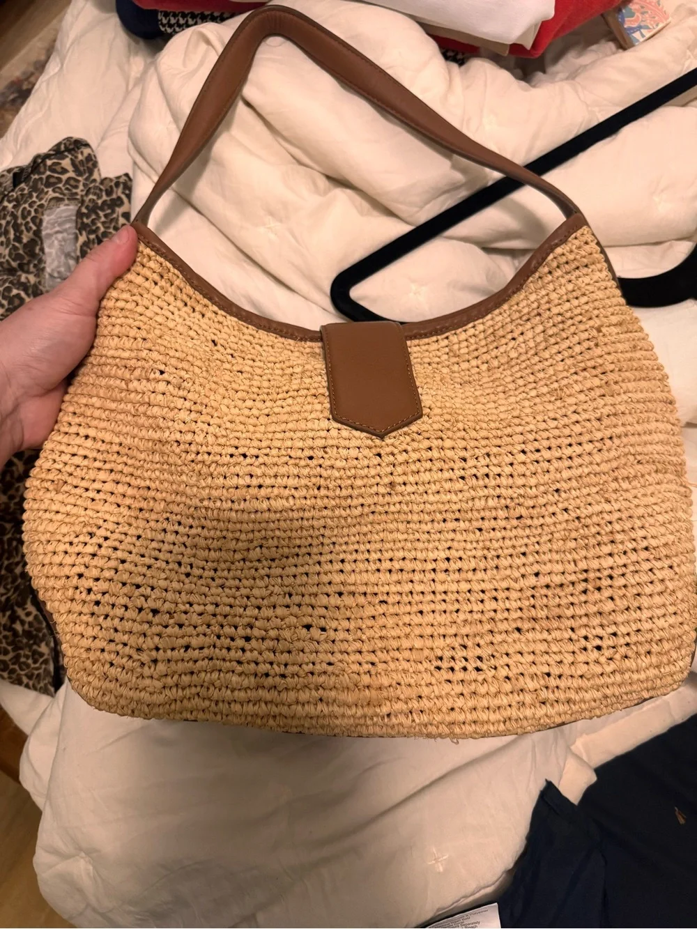 J. Crew Straw Shoulder Bag with Brown Leather and Yellow Accent